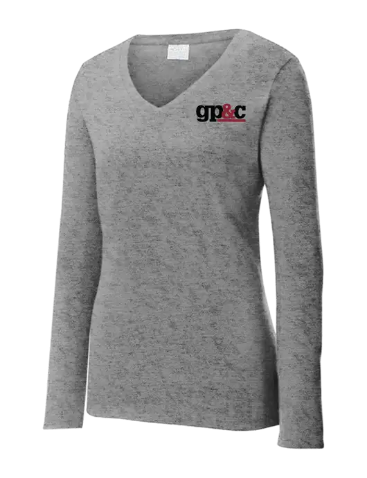 Womens  V-Neck Ring Spun Grey Heather 4.5 oz Long Sleeve T-Shirt w/GP&C Logo