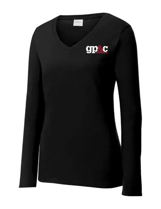 Womens V-Neck Ring Spun Jet Black 4.5 oz Long Sleeve T-Shirt w/GP&C Logo