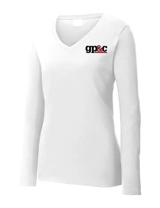 Womens  V-Neck Ring Spun White 4.5 oz Long Sleeve T-Shirt w/GP&C Logo