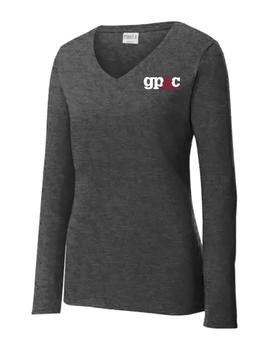 Womens  V-Neck Ring Spun Dark Heather Grey 4.5 oz Long Sleeve T-Shirt w/GP&C Logo